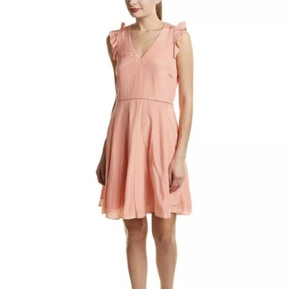 Rebecca Taylor Silk Ruffle V-Neck Dress Fit & Flare Flutter Sleeve - Picture 4 of 16